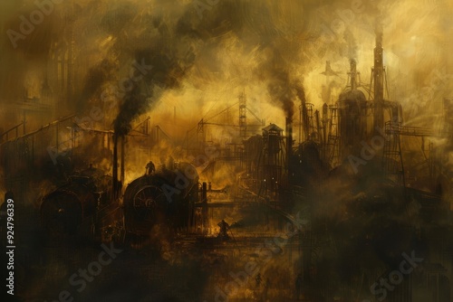 Industrial Revolution Factory Scene with Workers and Machinery Gears.