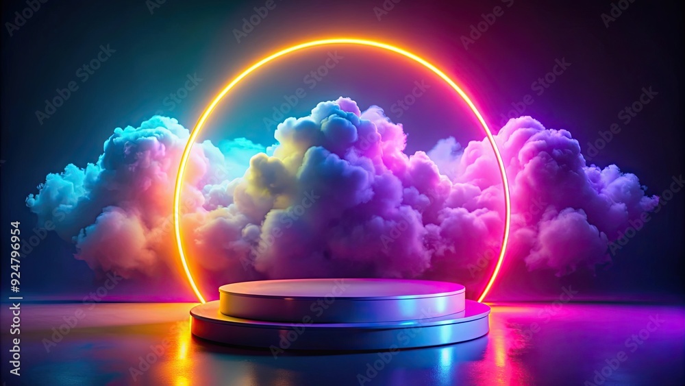 Obraz premium Colorful neon podium product on cloud and sky background, geometric shape for product display presentation
