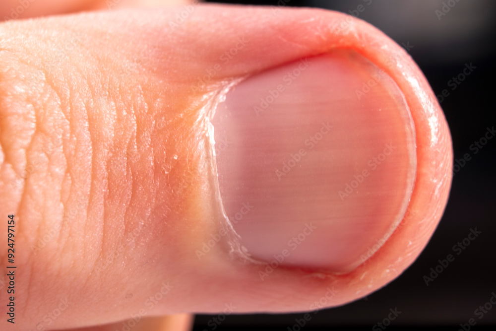 Fototapeta premium Human thumb close-up on a gray background