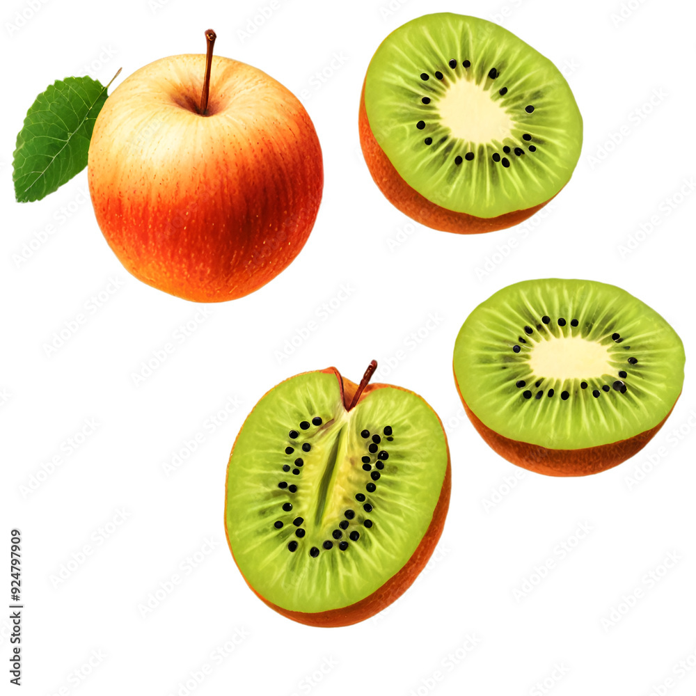 Apple and Kiwi Fruit Still Life, Fresh Apple and Kiwi Slices, Colorful Fruit Arrangement, Juicy Apple and Kiwi Together, Vibrant Fruit Composition. Apple and Kiwi Fruit Still Life, Fresh Apple and Kiwi Slices, Colorful Fruit Arrangement, Juicy Apple and Kiwi Together, Vibrant Fruit Composition.