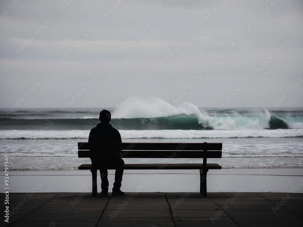 A silhouette of a person sitting on a wooden bench by the ocean, The overcast sky and empty beach emphasize the feeling of solitude and peaceful contemplation. A silhouette of a person sitting on a wooden bench by the ocean, The overcast sky and empty beach emphasize the feeling of solitude and peaceful contemplation.