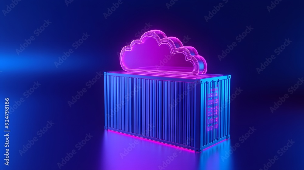 Neon cloud computing container concept in blue and pink light, representing digital storage and data center technologies. Neon cloud computing container concept in blue and pink light, representing digital storage and data center technologies.