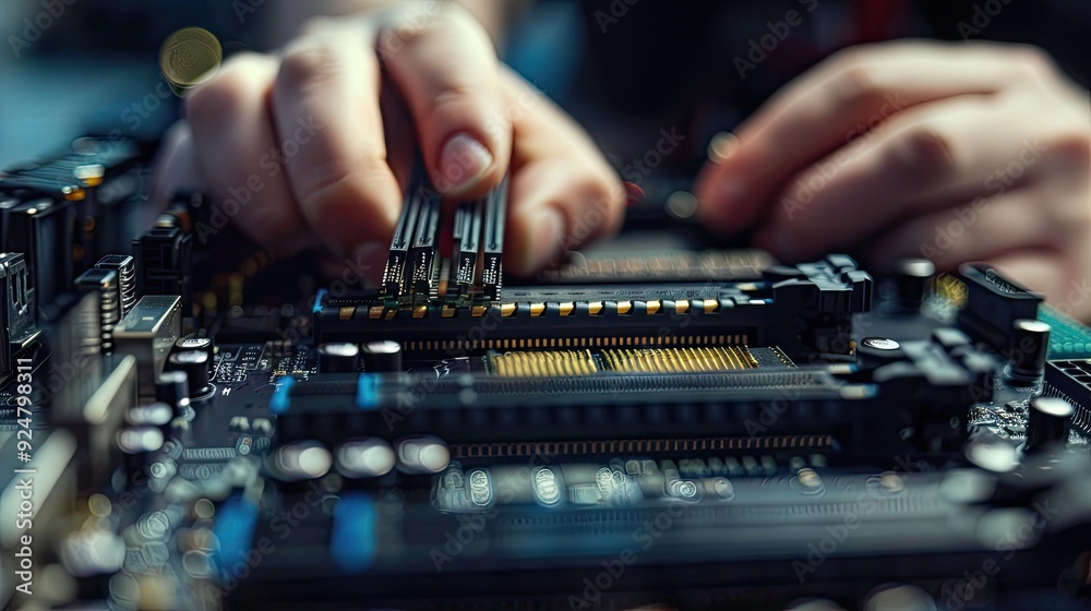 Technician installing RAM into a computer, careful and detailed work Technician installing RAM into a computer, careful and detailed work