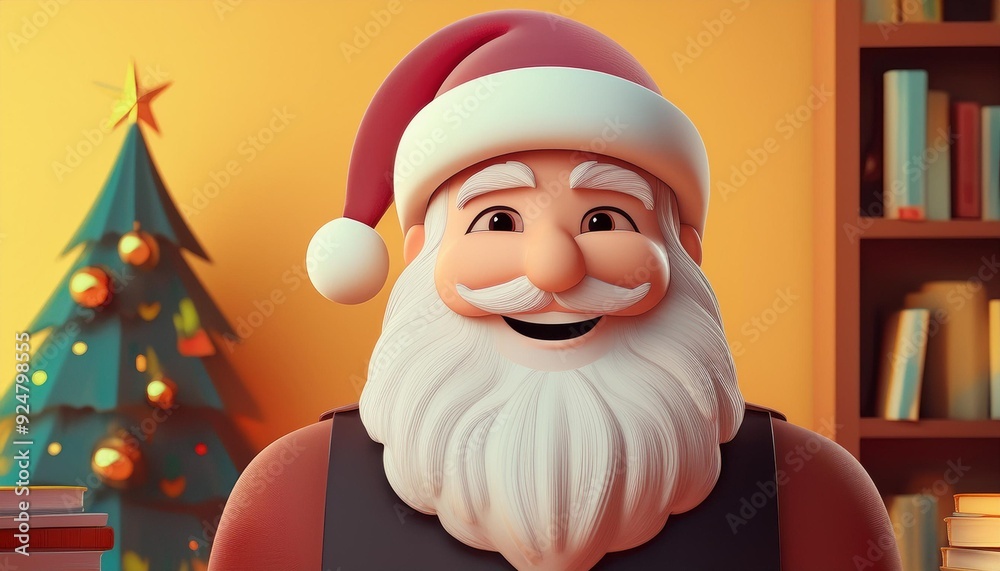 A cheerful cartoon Santa Claus with a big smile, festive decorations, and a cozy setting, perfect for holiday-themed projects. A cheerful cartoon Santa Claus with a big smile, festive decorations, and a cozy setting, perfect for holiday-themed projects.