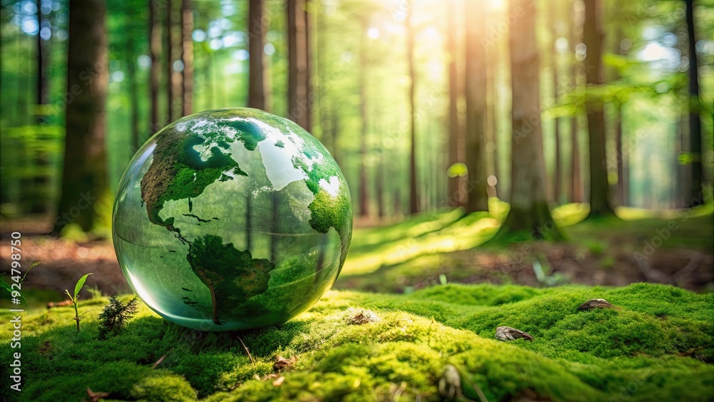 Green globe in a forest symbolizing Earth Day conservation efforts , Earth Day, environment, conservation, green, planet Green globe in a forest symbolizing Earth Day conservation efforts , Earth Day, environment, conservation, green, planet