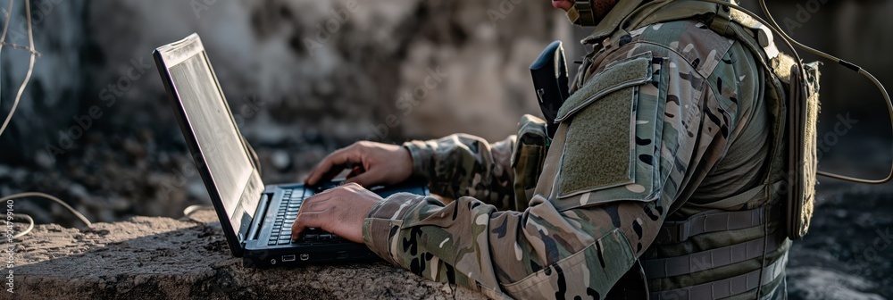 A soldier uses a laptop while wearing tactical gear, possibly coordinating operations or gathering intelligence in a field setting.