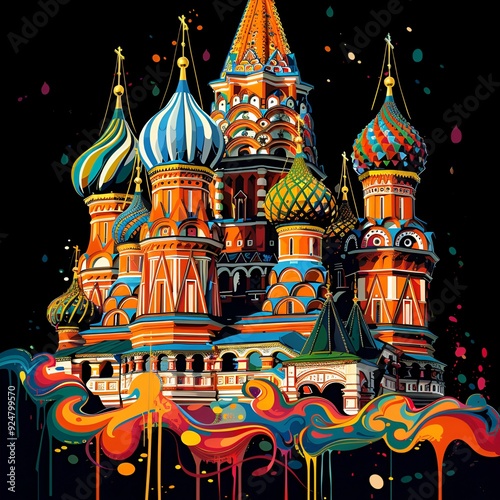 a vibrant and colorful interpretation of Saint Basil’s Cathedral at night photo