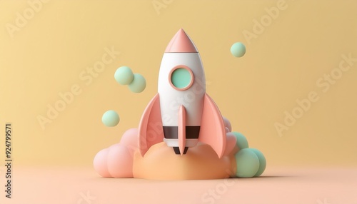 A colorful rocket soaring above pastel clouds, representing creativity and innovation in a playful 3D design.
