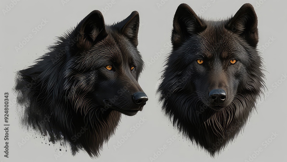 A series of striking black wolf portraits set against a clean white background, emphasizing the wolf's powerful features A series of striking black wolf portraits set against a clean white background, emphasizing the wolf's powerful features