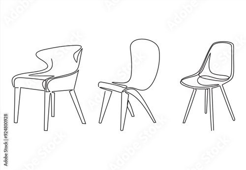 Armchairs collection in continuous single line drawing style. Interior element of furniture. Set of chairs one line drawing. Modern furniture editable stroke. Handdraw contour doodle illustration