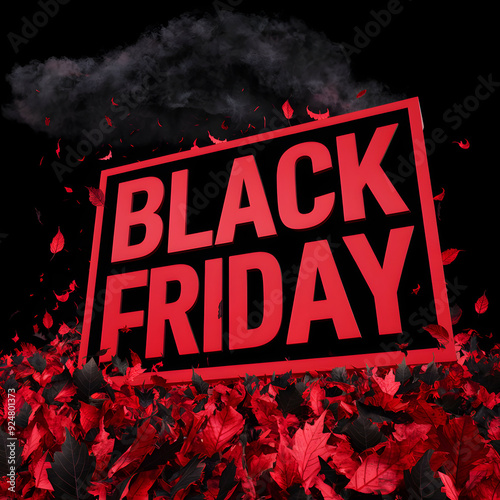 A black friday sign surrounded by red leaves
