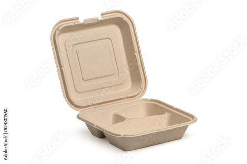 Molded pulp or fiber clamshell takeout container made of eco-friendly, biodegradable material and has a hinged design that allows to open or close to contain food items, isolated on a white background