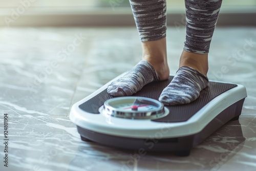 Closeup of woman standing on weight scale in living room at home