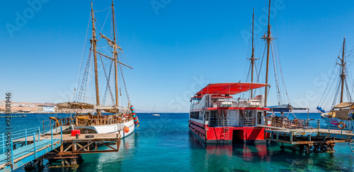 Pleasure yachts and sailboats anchored in marina of the Red Sea in Eilat – fa...
