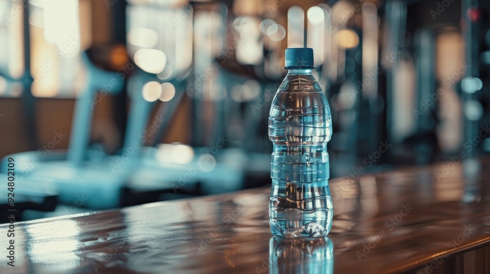 Plastic bottle with fresh drinking water against the background of a gym. Plastic bottle with fresh drinking water against the background of a gym.