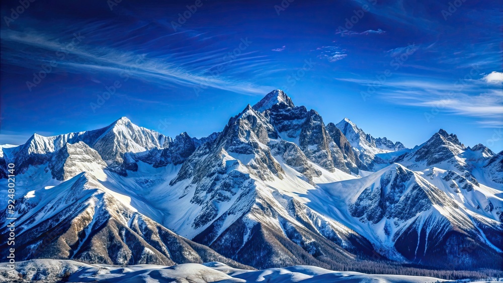 Fototapeta premium Snow-covered mountain range under clear blue sky, snow, winter, mountain, range, cold, snowcapped, peaks, landscape