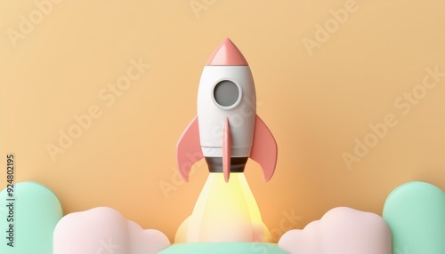 A vibrant rocket launching into the sky, surrounded by playful clouds, symbolizing adventure and creativity in a colorful backdrop.