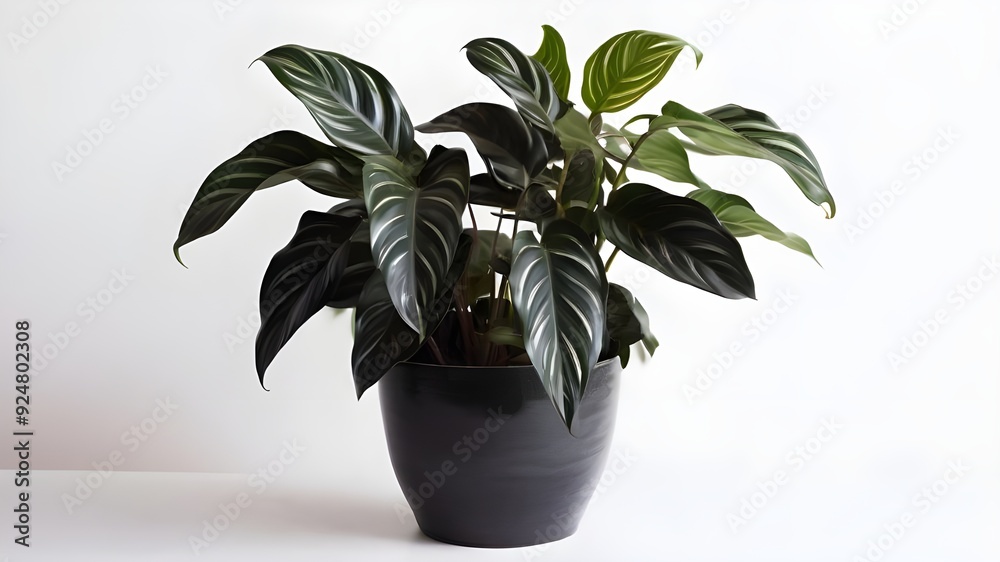 a picture of a Calathea black lipstick plant in a pot, and the background is plain white a picture of a Calathea black lipstick plant in a pot, and the background is plain white