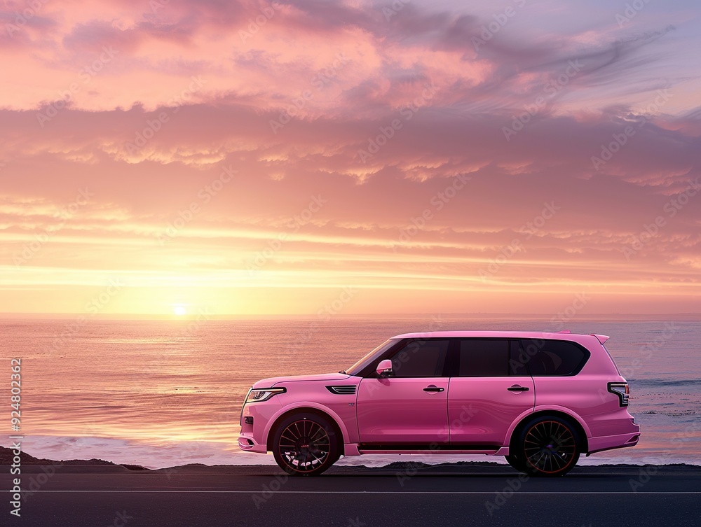 a pink suv parked near beach during sunrise a pink suv parked near beach during sunrise