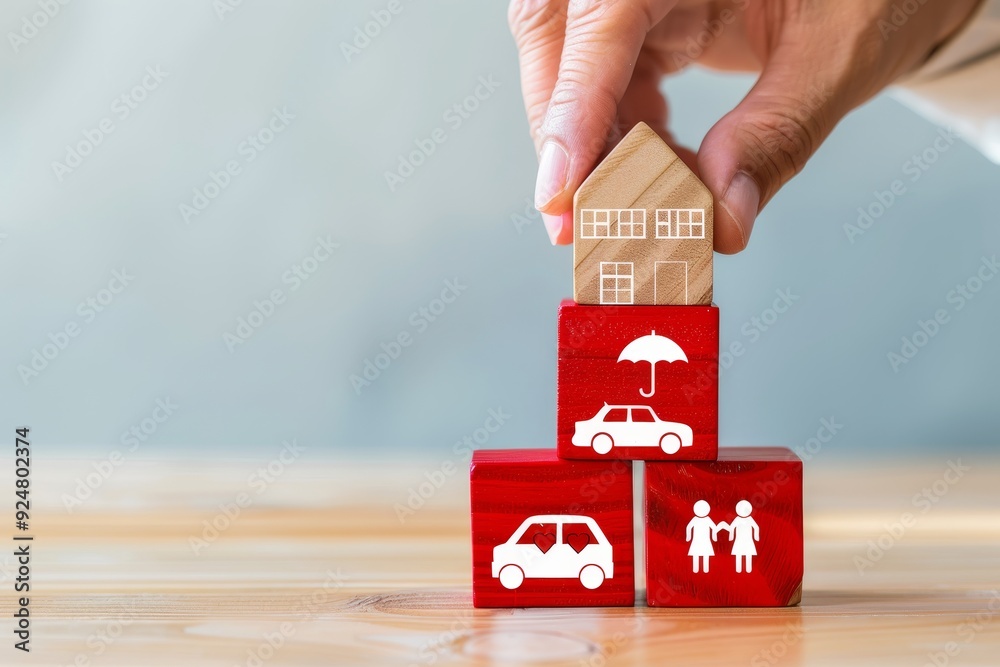 Obraz premium Hand Stacking Red Wooden Blocks Featuring Family, Health, and Transport Icons.