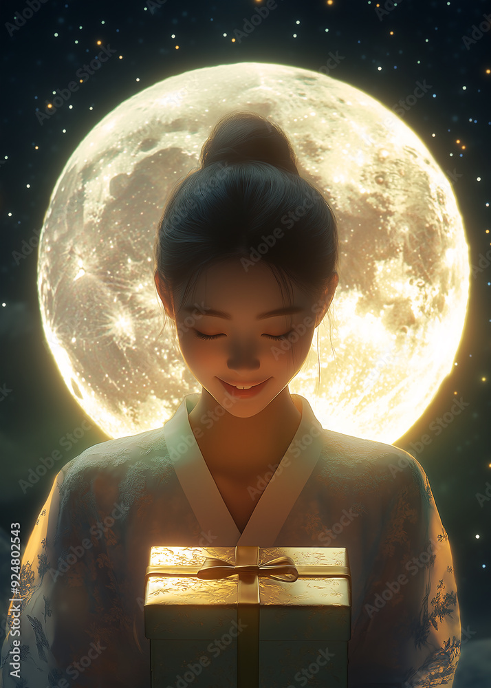 Fototapeta premium Chuseok, a Korean Traditional Autumnal Holiday template with a female character, wearing a Hanbok, smiling and holding a present with a moon, for Korean Thanksgiving Day, the Asian Mid Autumn festival