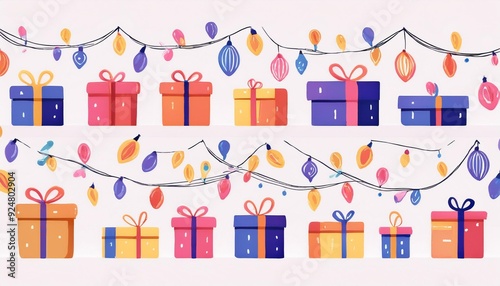 Colorful gifts and festive lights create a cheerful atmosphere perfect for holiday celebrations and seasonal decorations.