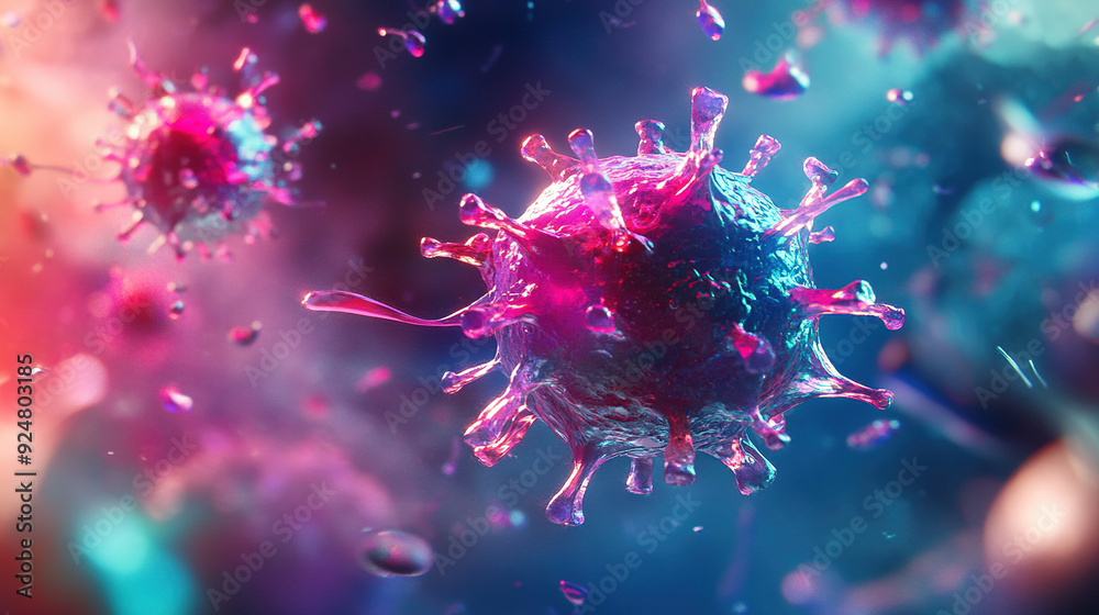 An artistic 3D representation of a virus cell, highlighting intricate details and interactions with host cells, rendered in a vibrant color palette to showcase the complexity of viral behavior. An artistic 3D representation of a virus cell, highlighting intricate details and interactions with host cells, rendered in a vibrant color palette to showcase the complexity of viral behavior.
