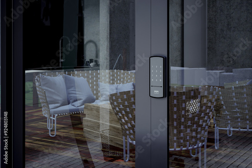 Door electronic access control system machine on black aluminum door frame.