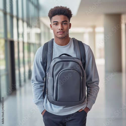 A front view of a confident male student, standing straight and facing forward, wearing a stylish backpack. Confident Male Student with Stylish Backpack in Modern School Environment, Generative AI