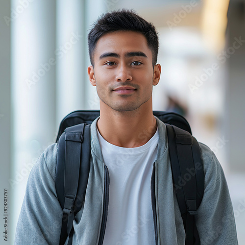 A front view of a confident male student, standing straight and facing forward, wearing a stylish backpack. Confident Male Student with Stylish Backpack in Modern School Environment, Generative AI