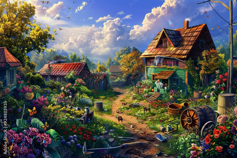 Obraz premium Peaceful Rural Scene of an Elderly Couple Gardening in Blooming Flowers