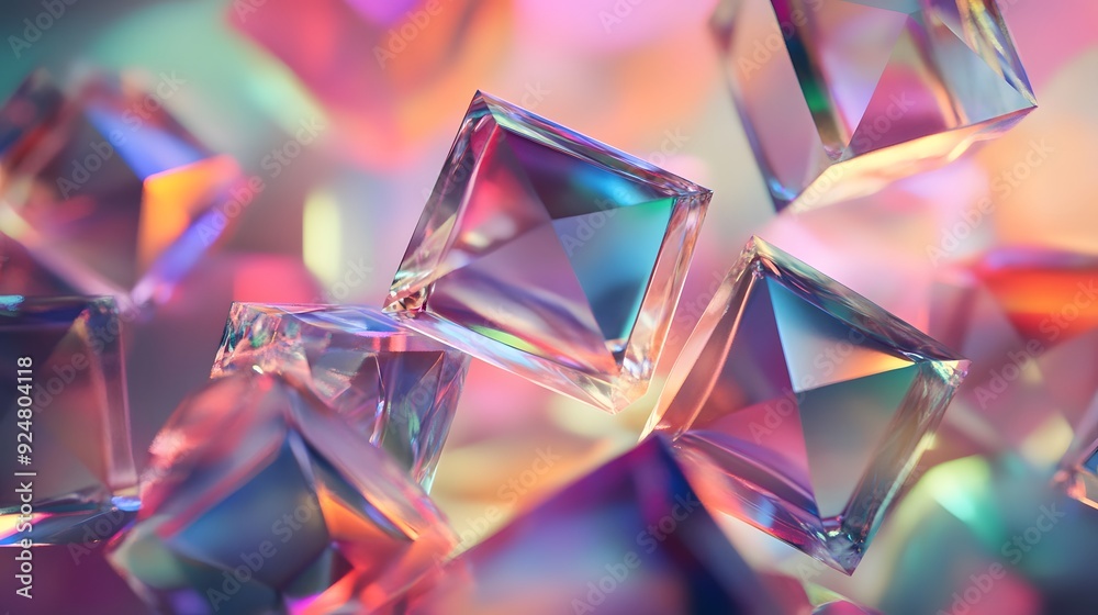 9. Floating, transparent prisms with dynamic, shifting light effects and subtle color transitions 9. Floating, transparent prisms with dynamic, shifting light effects and subtle color transitions
