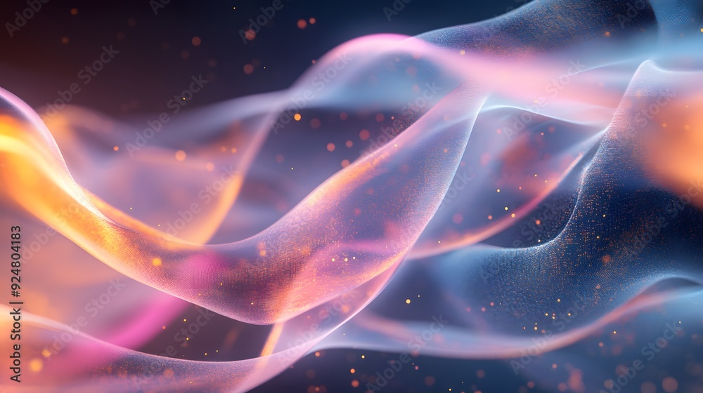Fototapeta premium 10. A mesmerizing dance of translucent ribbons and glowing particles, set on a clear background