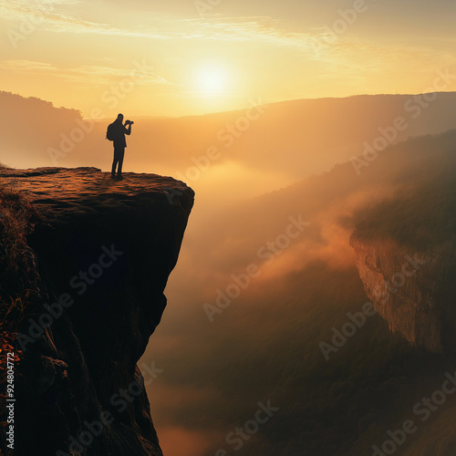 Design a high-definition image showcasing a photographer capturing a breathtaking landscape during golden hour. The scene includes a silhouette of the photographer holding a camera, Generative AI