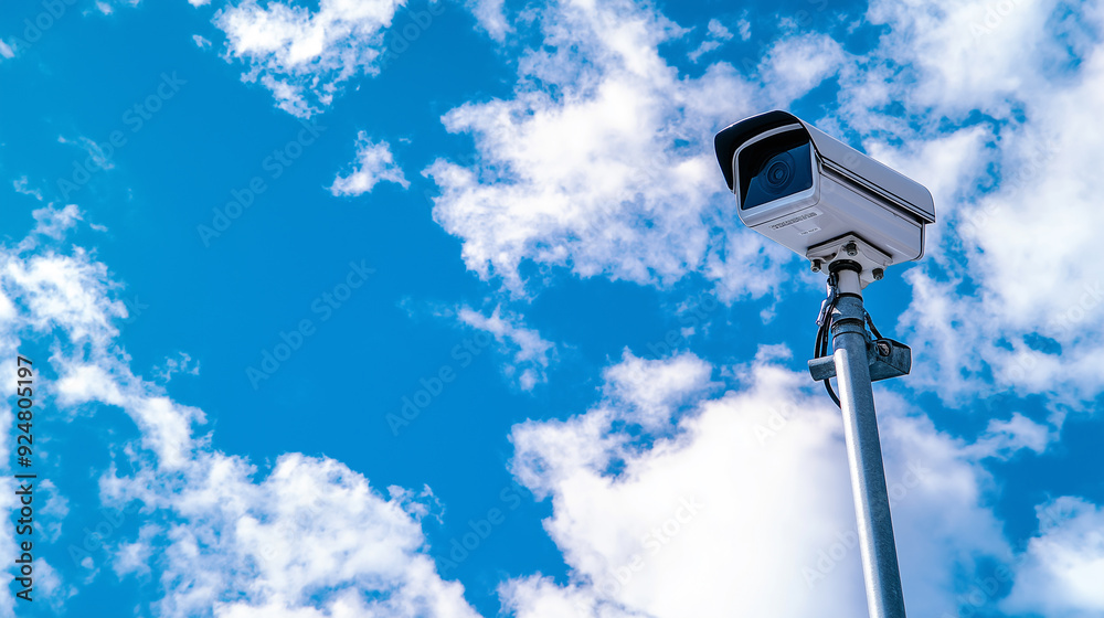Outdoor Security Camera on a Clear Blue Sky Backdrop, Blue Sky Background Featuring a Security Camera Outdoor Security Camera on a Clear Blue Sky Backdrop, Blue Sky Background Featuring a Security Camera