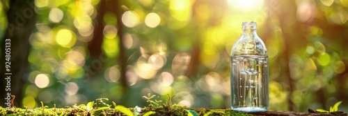 Plastic bottle with fresh drinking water against the background of the forest.