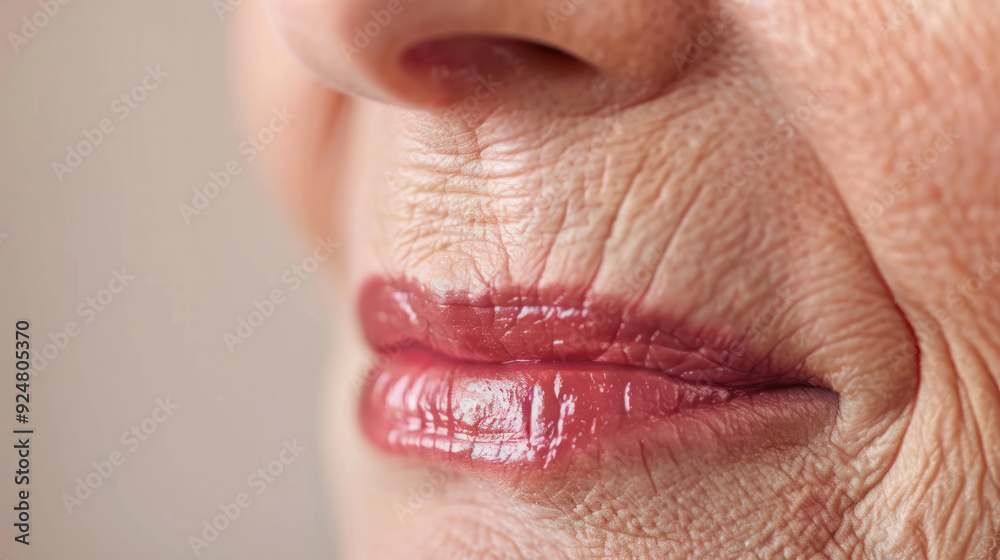 Obraz premium Close-Up of Senior Woman's Lips With Lipstick