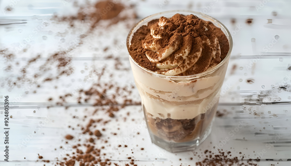 Tiramisu dessert in a glass on a white wooden background Tiramisu dessert in a glass on a white wooden background