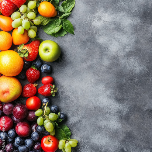 fresh assorted fruits and vegetables on gray background for healthy eating conceptfresh assorted fruits and vegetables on gray background for healthy eating concept photo