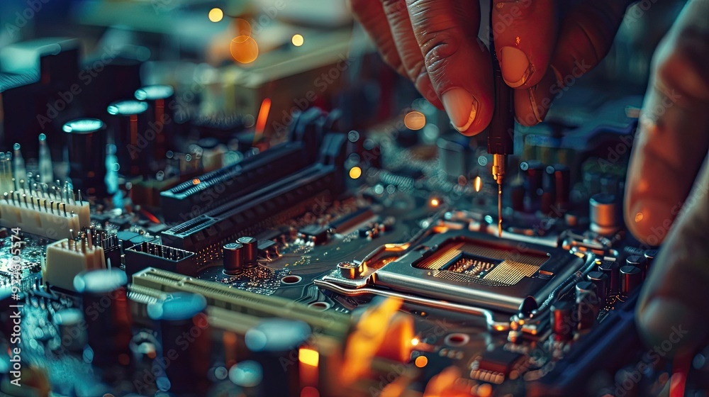 Obraz premium Computer motherboard being soldered by a skilled technician, intricate and precise work