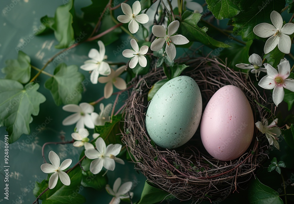 Easter eggs in a nest with pink sakura flowers on a white background Easter eggs in a nest with pink sakura flowers on a white background