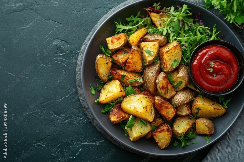 Crispy and golden potato wedges with a side of ketchup, placed on the right side of a dark stone table. Professional overhead shot emphasizing the delicious and savory snack. Crispy and golden potato wedges with a side of ketchup, placed on the right side of a dark stone table. Professional overhead shot emphasizing the delicious and savory snack.