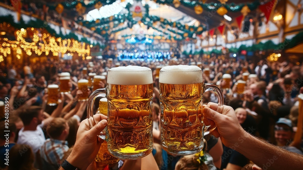 A festive scene of a beer tent at Oktoberfest filled with people raising their steins in unison for a celebratory toast, with a live band playing traditional Bavarian music on stage, colorful