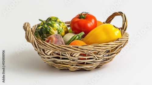 Vegetables in wicker basket isolated on white a photograph