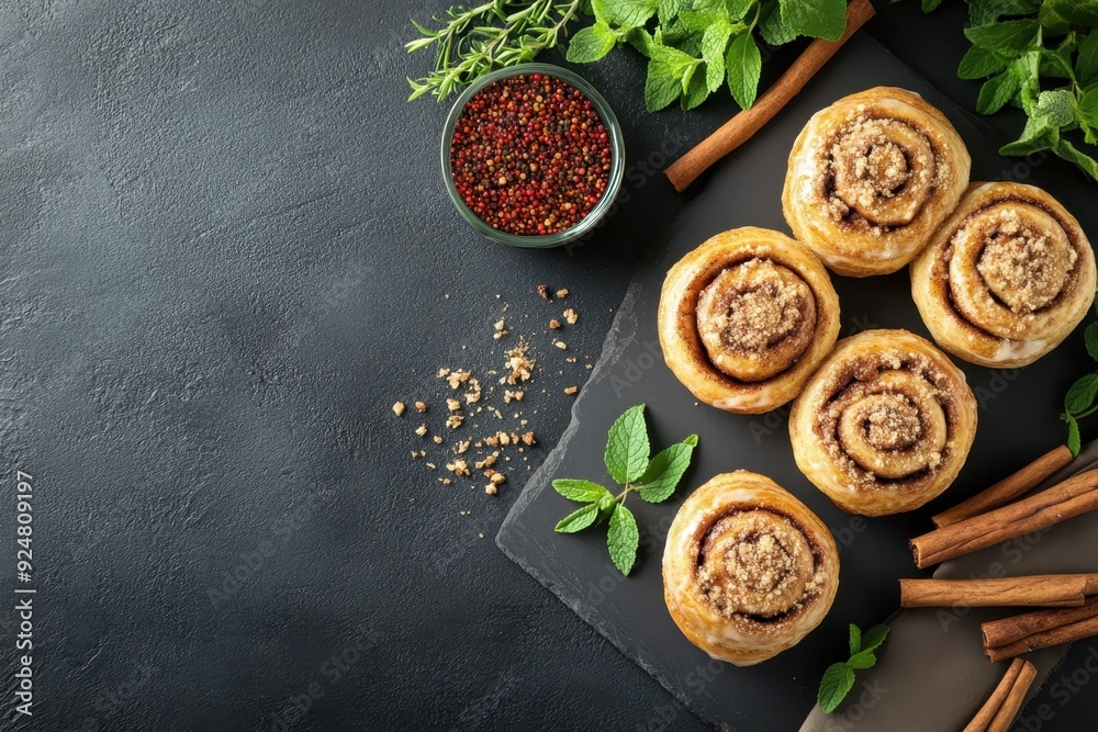 Cinnamon rolls with a sweet glaze, freshly baked and placed on the right side of a dark stone table. Professional overhead shot showcasing the delicious and gooey treat. Cinnamon rolls with a sweet glaze, freshly baked and placed on the right side of a dark stone table. Professional overhead shot showcasing the delicious and gooey treat.