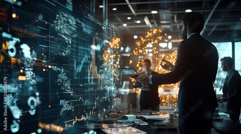 Fototapeta premium Business professionals collaborating in a modern office, analyzing data on digital screens and exploring innovative solutions.