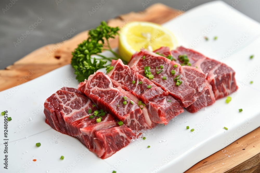 Slices of raw marbled beef arranged on a plate with lemon and herbs for culinary presentation. Slices of raw marbled beef arranged on a plate with lemon and herbs for culinary presentation.