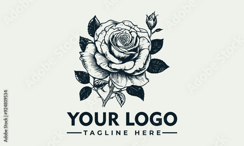 tattoo detailed drawing of rose with leaves vector logo detailed drawing of rose with leaves, suitable for book covers, graphic design projects, and floralthemed branding photo