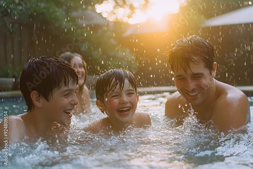 A happy family of four enjoys the playful splashes and warm glow of sunset in their backyard pool. 