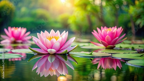 Peaceful and serene image of pink waterlilies floating on a calm pond , nature, flowers, aquatic plants